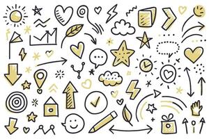 Colorful hand drawn doodle elements set with hearts, arrows, clouds, stars, and creative design icons on a white background vector