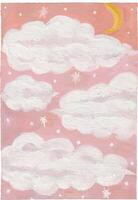 a painting of clouds and a moon on a pink background vector