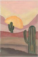 a painting of cactus plants in the desert with mountain and sun watercolour vector