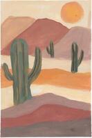 a painting of cactus plants in the desert with mountain and sun watercolor vector