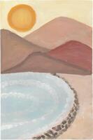 a painting of a beach with mountains in the background vector