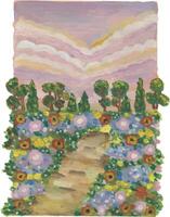 a painting of a path in a field with flowers with pastel sky illustration vector