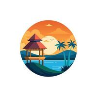 A beach scene with a hut and palm trees vector