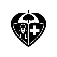 A black and white logo of a heart with a cross and a man holding an umbrella vector