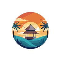 A round logo with a pagoda and palm trees vector