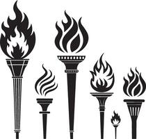 A set of black silhouette icons of different types of fire flames vector