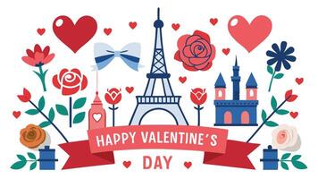 Paris Inspired Valentine Day Banner with Happy Valentine Day Message in Romantic Design vector