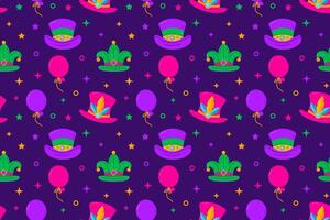 Mardi Gras Party Pattern with Hats and Balloons. Seamless festive pattern with hats, balloons, and vibrant carnival elements on a purple background vector