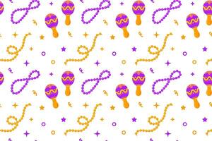 A colorful seamless pattern featuring beads, maracas, and festive elements in purple and gold vector