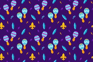 Mardi Gras Seamless Pattern with Maracas and Feathers. Colorful pattern with maracas, feathers, and fleur-de-lis on a purple background for Mardi Gras vector