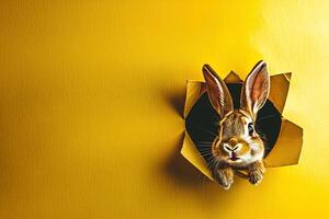 A curious rabbit is peeking through a circular hole in a bright yellow background, creating a whimsical and playful atmosphere perfect for spring or festive events. photo