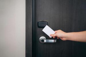 Smart security card for hotel rooms. Lock and unlock doors effortlessly with a secure electronic key card. photo