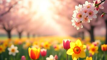 Spring flowers in the field with sun shining through photo