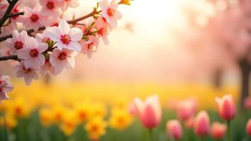 spring flowers in the field with sun shining photo