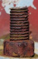 Close up of a rusty screw with nut. photo