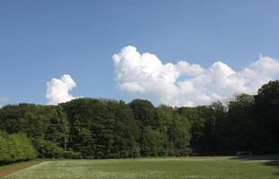 Forest and sports field with cloudscapes on clear sky. photo