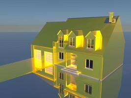 3D rendering of a golden house on reflecting silver ground. photo