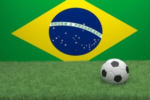 Realistic 3d rendering of a football in front of the flag of Brazil. photo