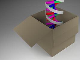 Rendering of a DNA double helix in a cardboard box. photo