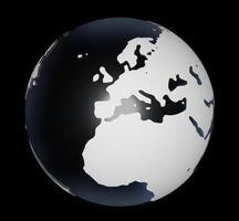 3D-Rendering of globe on black background. The material is rough glass with matte white land and europe is in the center. photo