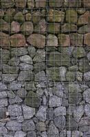 Wall with differently shaped stones in metal mesh. photo