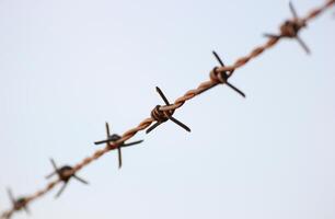 Barbed wire in evening sun, reaching from corner to corner. photo