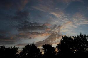Different impressive and colorful clouds in the morning with tree silhouettes photo