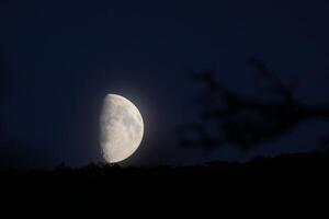 Partial moon on dark blue with slightly visible horizon photo