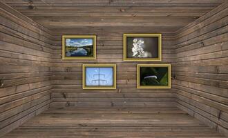 A 3D rendering of a wooden room with differently themed framed images. photo