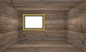 A 3D rendering of a wooden room with blank picture frame. A custom image can easily be set in. photo