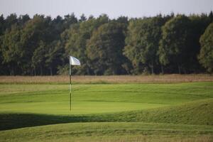 White flag on golf course with green grass photo