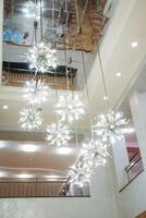 A beautifully designed staircase adorned with numerous elegant lights that gracefully hang from the ceiling, creating a stunning and inviting atmosphere for anyone who walks by photo