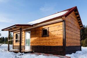 In the very heart of a vast snowy field, there rests a charming small log cabin that beautifully contrasts with the pristine white snow surrounding it, creating a picturesque winter scene photo