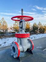 A bright redhandled valve is positioned on the side of the road, its vibrant color contrasting with the surrounding environment, including passing vehicles and road surfaces photo