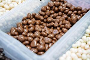 A plastic container that is filled to the brim with an assortment of delicious chocolatecovered nuts, offering a delightful treat for anyone who enjoys this tasty snack photo