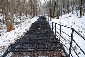 There is a stunning and beautiful set of stairs that climb elegantly upwards, directly leading into a picturesque and serene snowy forest that is perfectly blanketed with pure white snow photo