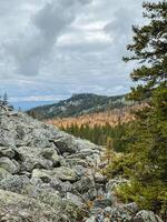 A picturesque rocky hillside adorned with various trees and majestic mountains looming in the background, creating a stunning natural landscape that invites exploration and admiration photo