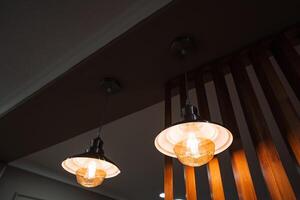 In a dimly lit and dark room, there are two lamps that are hanging down from the ceiling, providing a faint glow in the otherwise shadowy environment and enhancing the atmosphere photo