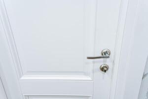 This image features a detailed closeup view of a pristine white door, complemented by a sleek, shiny silver handle that adds an elegant touch to the overall design of the door photo