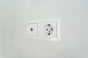 This image features a detailed closeup shot of a white electrical outlet mounted on a pristine white wall, highlighting the simplicity and functionality of the design in this setting photo