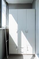 This cozy room features a large window for natural light, a stylish white wardrobe with drawers, and a generous mirror that adds aesthetic charm and practical functionality photo