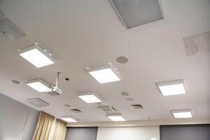 The room is designed with an abundance of ceiling lights and a highquality projector, which greatly enhance both the ambiance and overall functionality of the space for various activities photo