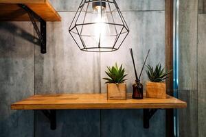 A beautifully crafted wooden shelf adorned with vibrant potted plants placed strategically on it, complemented by a bright light fixture elegantly hanging from the ceiling above photo