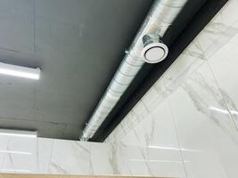 A pipe is presently suspended elegantly from the ceiling in a bathroom, providing not only a distinctive design element but also contributing to the overall functionality of the space photo