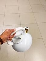In the image, a person is holding a white teapot on a tiled floor while gesturing with their fingers. The elements of flooring, wood, and ceiling are also visible in the background photo