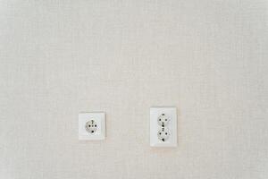 Two white wall sockets shaped like rectangles hang on the white wall photo