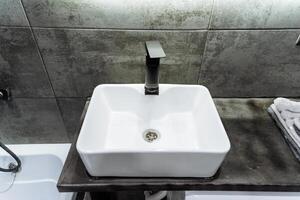 A white sink is gracefully positioned atop a counter within a beautifully designed bathroom, showcasing its elegant aesthetics and functional purpose as a key plumbing fixture photo