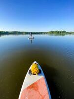 A person leisurely paddles on a standup paddleboard in a serene lake surrounded by nature under a clear blue sky during the daytime, enjoying the peaceful natural environment photo