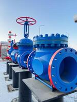 A vivid and colorful row of blue and red valves is lined up neatly in the pristine white snow, creating a striking visual contrast against the stark cold winter landscape all around them photo