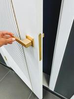 A person is in the process of opening a white door that features a gold handle, showcasing a combination of design and function typical in modern architecture and interior spaces photo